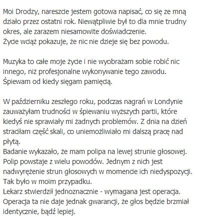 Marina: mam polipa na lewej strunie głosowej Marina: mam polipa na lewej strunie głosowej