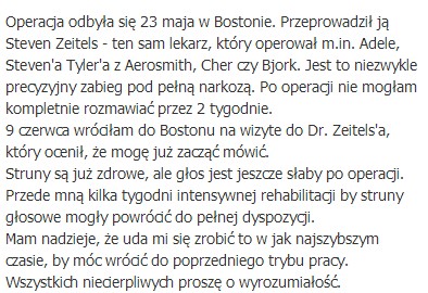Marina: mam polipa na lewej strunie głosowej