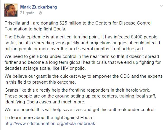 Mark Zuckerberg przekazał fortunę na walkę z ebolą