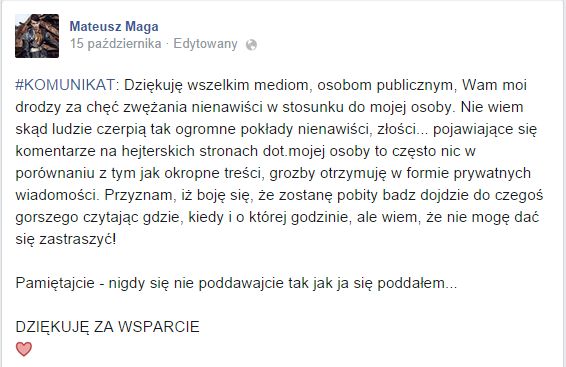 Mateusz Maga boi się o swoje życie!