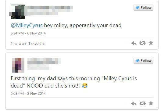 Szkoująca wiadomość na FB: Miley Cyrus nie żyje!