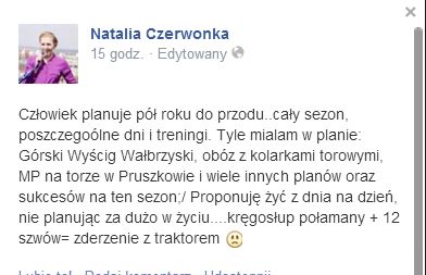 Natalia Czerwonka,wicemistrzyni olimpijska,złamała kręgosłup