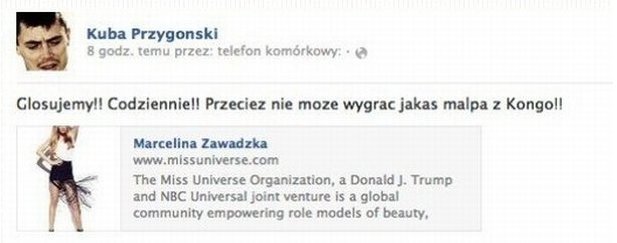 Chłopak Zawadzkiej o rywalkach miss: małpy z Kongo