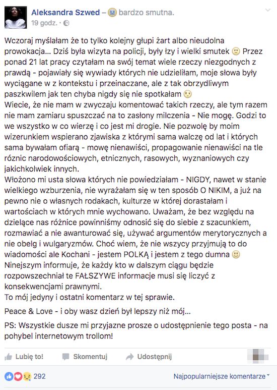 Aleksandra Szwed ofiarą bezczelnej prowokacji! Sprawa trafiła na policję