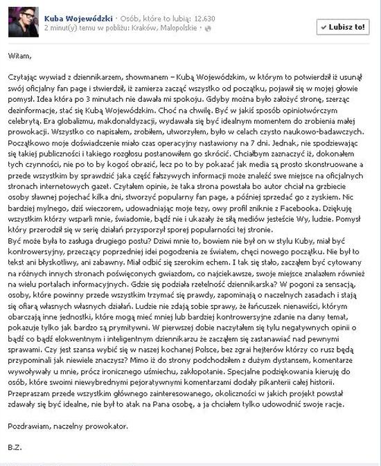 Nowe profile Wojewódzkiego na Facebooku są fałszywe