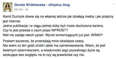 Dorota Wróblewska przerażona aferą z Kamilem Durczokiem