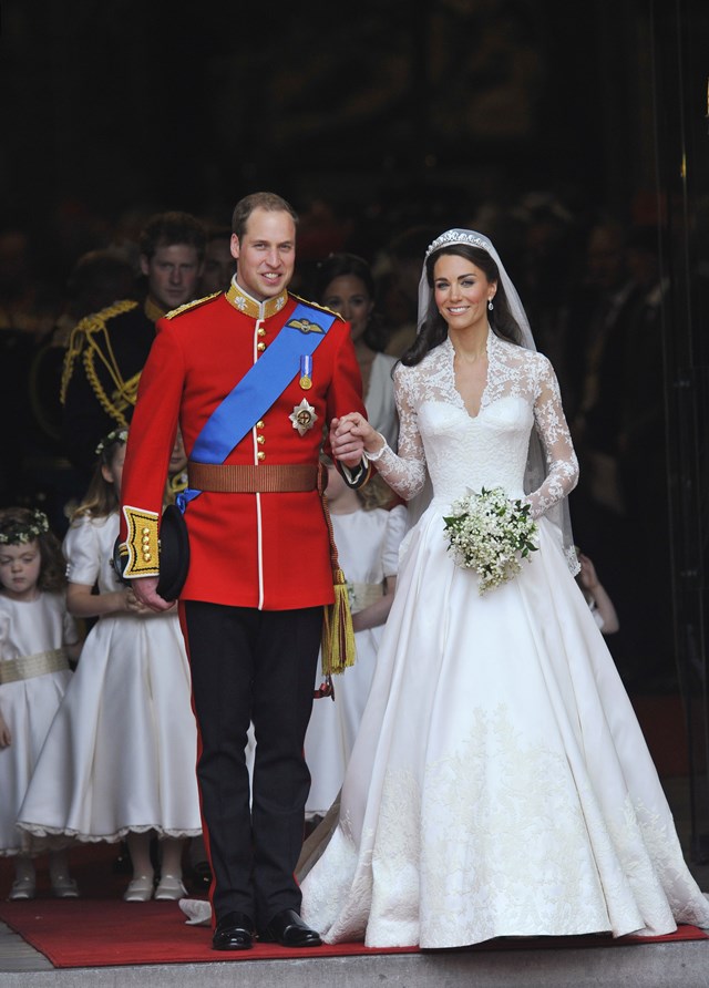 File photo shows Britain's Prince William and Catherine, Duchess of Cambridge, walking after their wedding ceremony in Westminster Abbey in central London