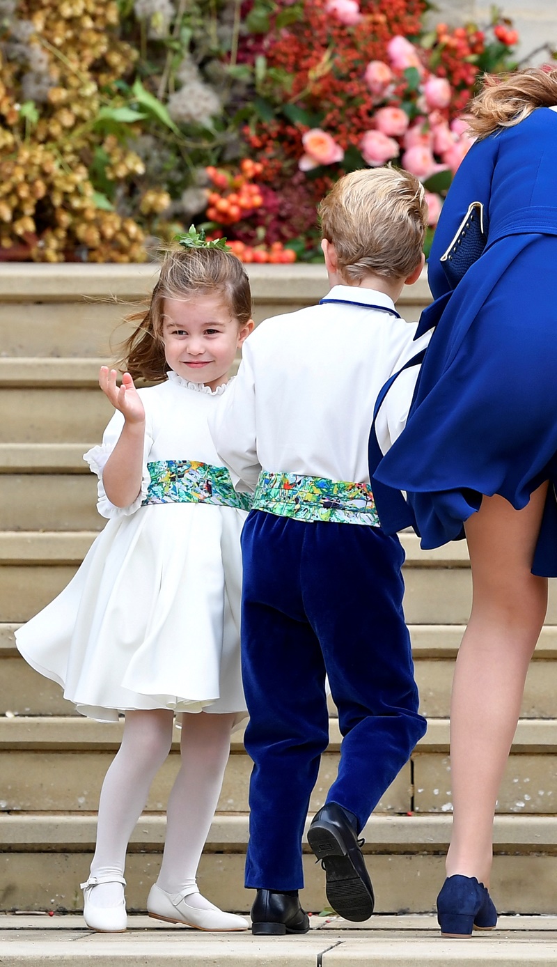 Princess Charlotte of Cambridge arrives with bridesmaids and pageboys for the royal wedding of Princess Eugenie and Jack Brooksbank at St George's Chapel in Windsor Castle, Windsor