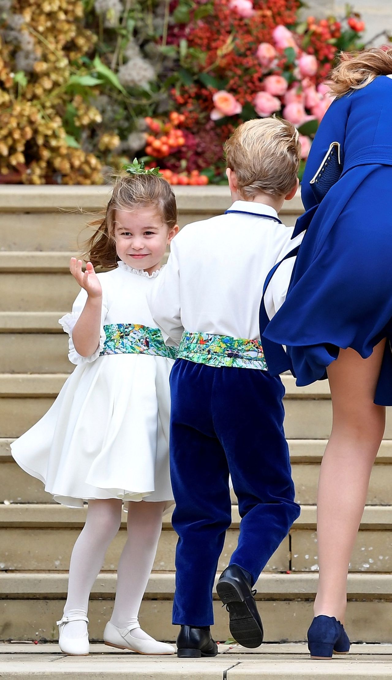 Princess Charlotte of Cambridge arrives with bridesmaids and pageboys for the royal wedding of Princess Eugenie and Jack Brooksbank at St George's Chapel in Windsor Castle, Windsor