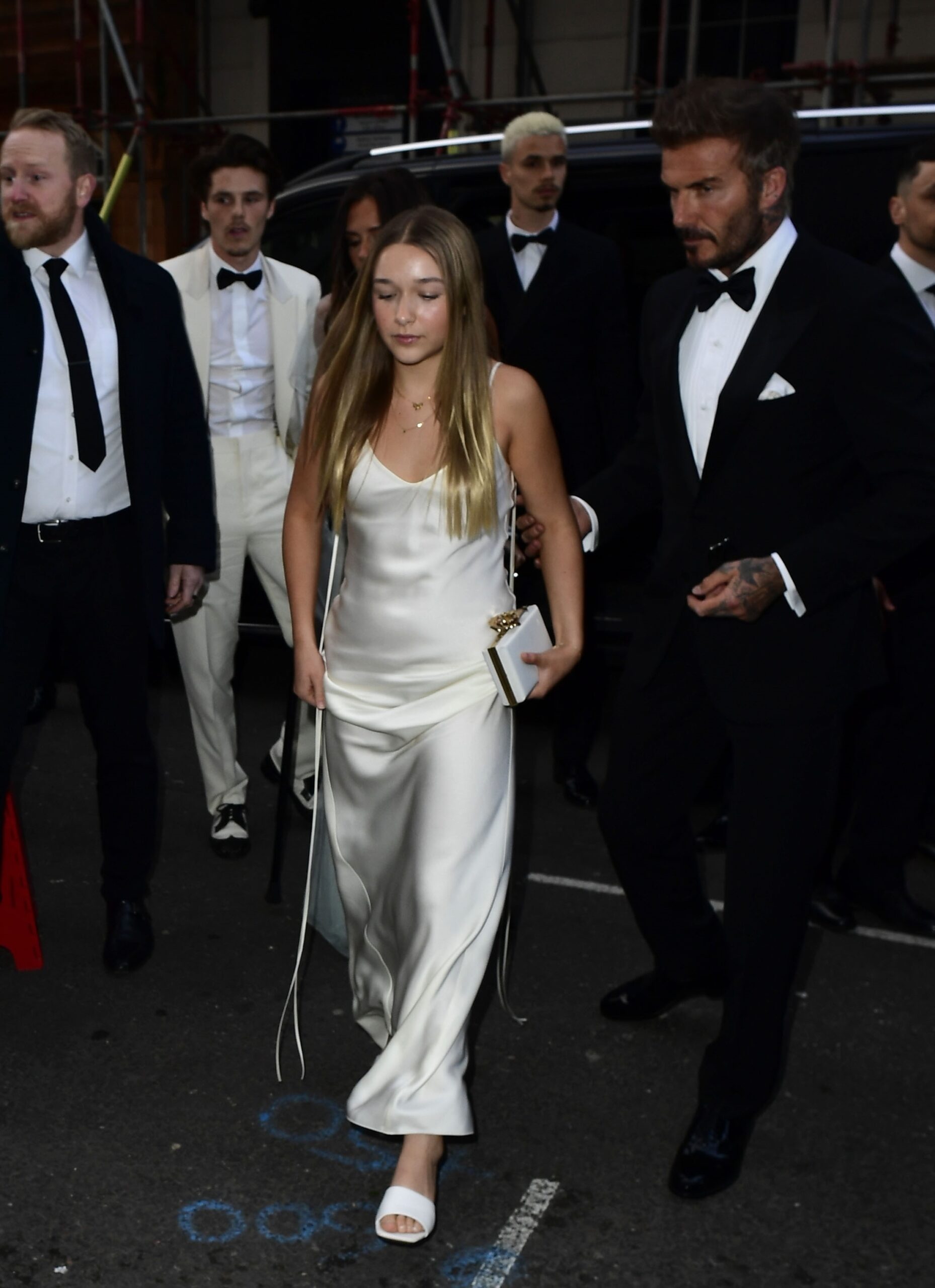 Victoria Beckham pictured with her husband and children arriving at her 50th Birthday party held at Oswald's in Mayfair, London.