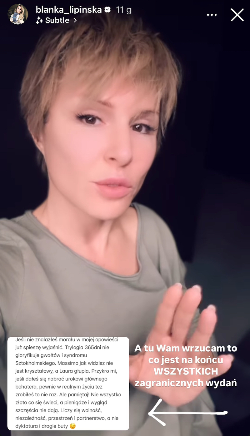 Blanka Lipińska o krytyce ,,365 dni", fot. Instagram
