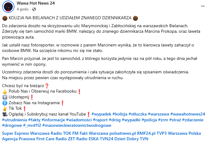 Chwile grozy na warszawskich ulicach! Marcin Prokop uczestniczył w kolizji