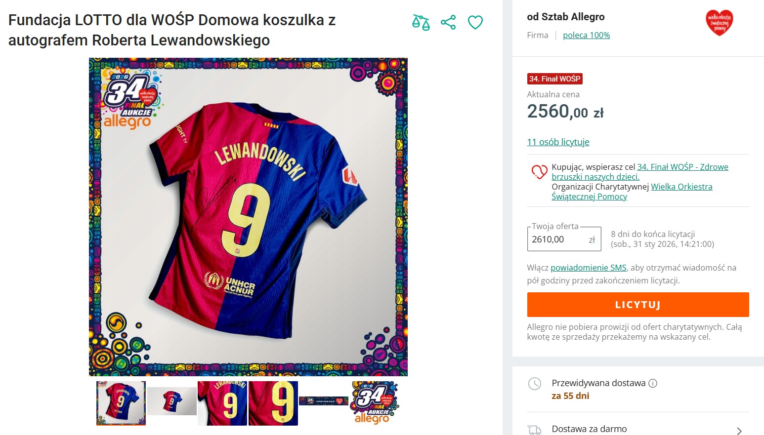 Fundacja LOTTO i Robert Lewandowski dla aukcji WOŚP, fot. Allegro