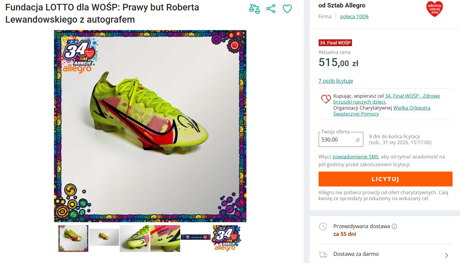 Fundacja LOTTO i Robert Lewandowski dla aukcji WOŚP, fot. Allegro