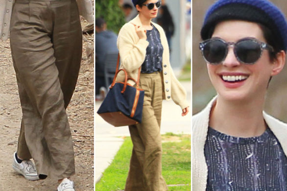 Anne Hathaway w lnianych spodniach i berecie (FOTO)