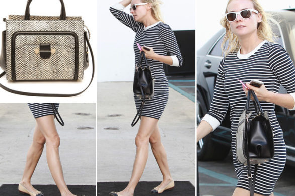 Diane Kruger w sukience w poprzeczne pasy i z torbą Jason Wu
