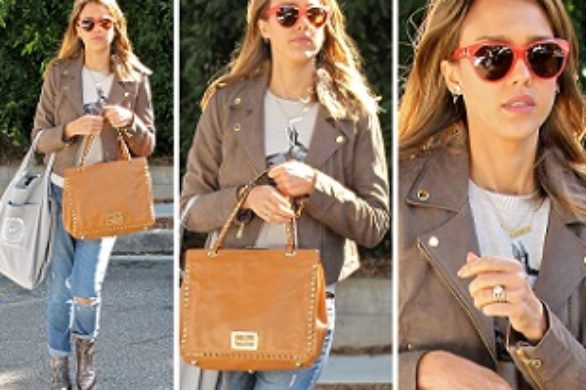 Jessica Alba w skórzanej kurtce i jeansach Paige