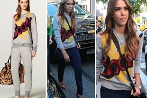 Jessica Alba w kolorowym swetrze Philip Lim