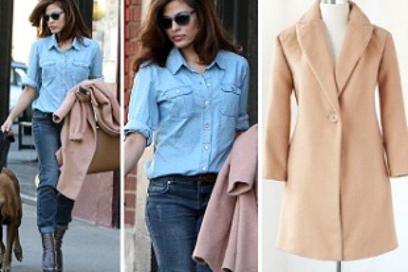 Eva Mendes w jeansowej stylizacji i płaszczu New York&Co