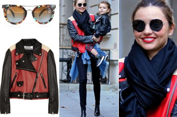 Miranda Kerr w kurtce Acne i okularach marki Prada