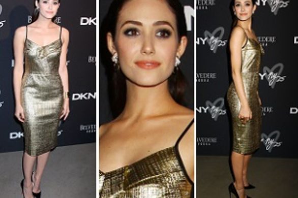 Emmy Rossum w złotej sukience DKNY Resort 2014