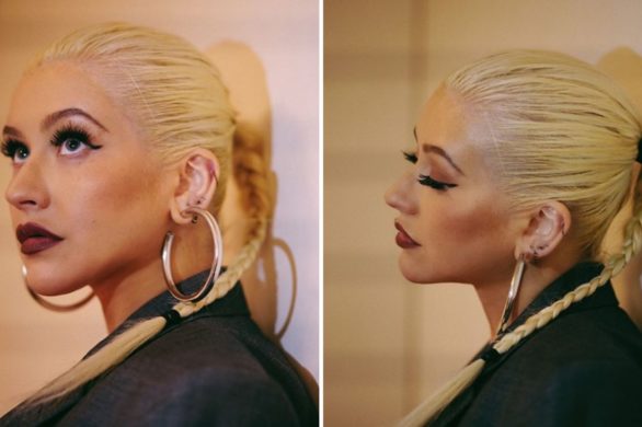 Christina Aguilera w grzywce do połowy czoła. Przypomina gwiazdę z lat 70.