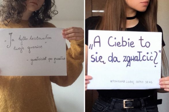 #ToNieNaszWstyd. Kobiety trzymają transparenty ze słowami, które usłyszały po gwałcie