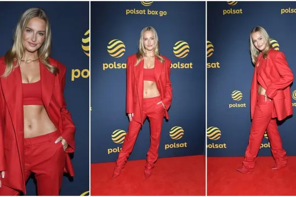 Karolina Pisarek-Salla zachwyca w czerwonym garniturze na konferencji Polsatu