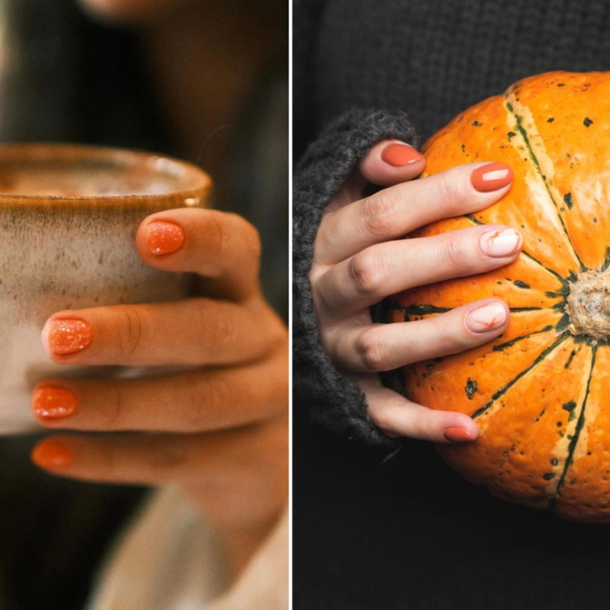 Na pierwszym zdjęciu od lewej widzimy kobiece dłonie, które trzymają filiżankę, natomiast na drugim zdjęciu kobieta trzyma dynię.