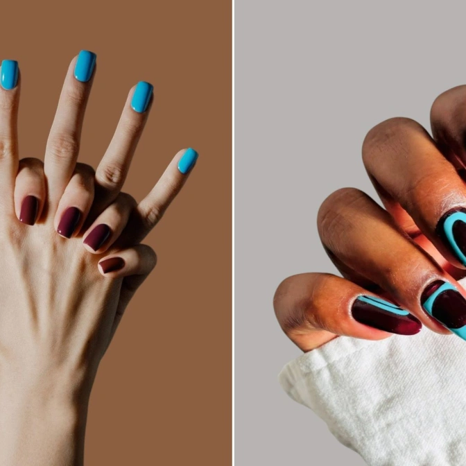 Paznokcie brąz niebieski gładkie i we wzory