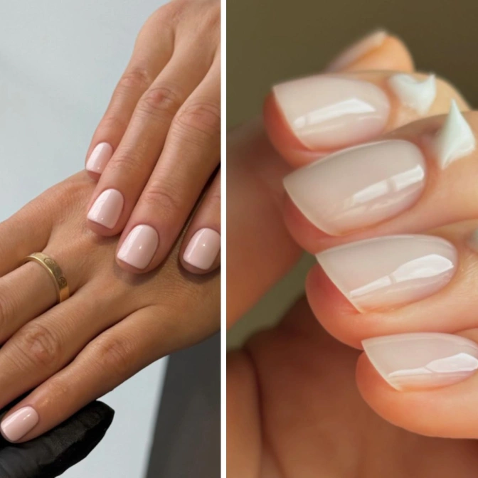 Kobiece dłonie z waniliowym manicure.