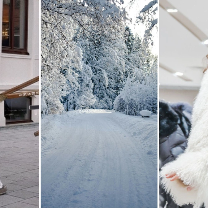 Influencerka Erica Mohn Kvam, las zasypany śniegiem i kobieta przymierzająca sztuczne futerko.