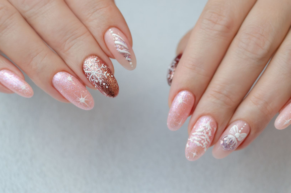 Delikatne paznokcie na święta 2025. 8 pomysłów na subtelny manicure w gwiazdkowym stylu