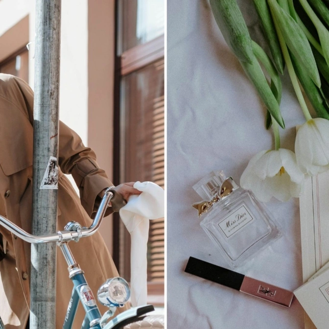 Kobieta ubrana w trencz i beret pozuje z rowerem na ulicy. Perfumy i kwiaty.