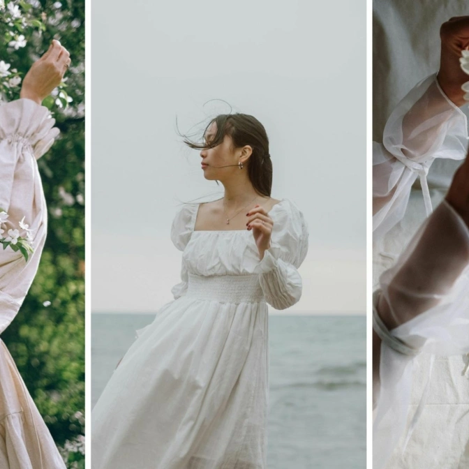 Kobieta zrywa kwiaty z drzew, dziewczyna pozuje nad morzem w białej sukni i kobiece słonie, które trzymają kwiaty.